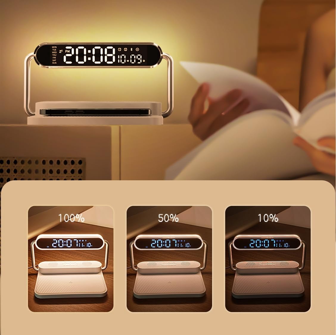 4-in-1 Smart Digital Alarm Clock – 15W fast wireless charger, LED display with auto DST & brightness adjustment, USB port, volume control. Ideal for bedroom, desk, nightstand