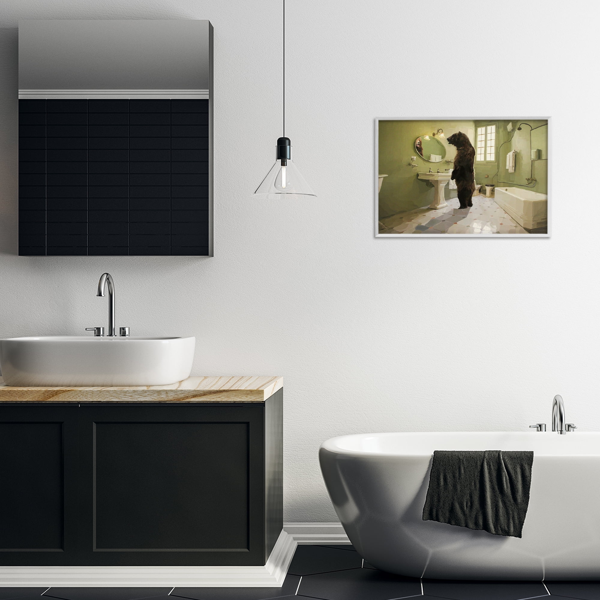 The Houseguest Bear in Bathroom White Framed Giclee Art, design by Keith Thomson