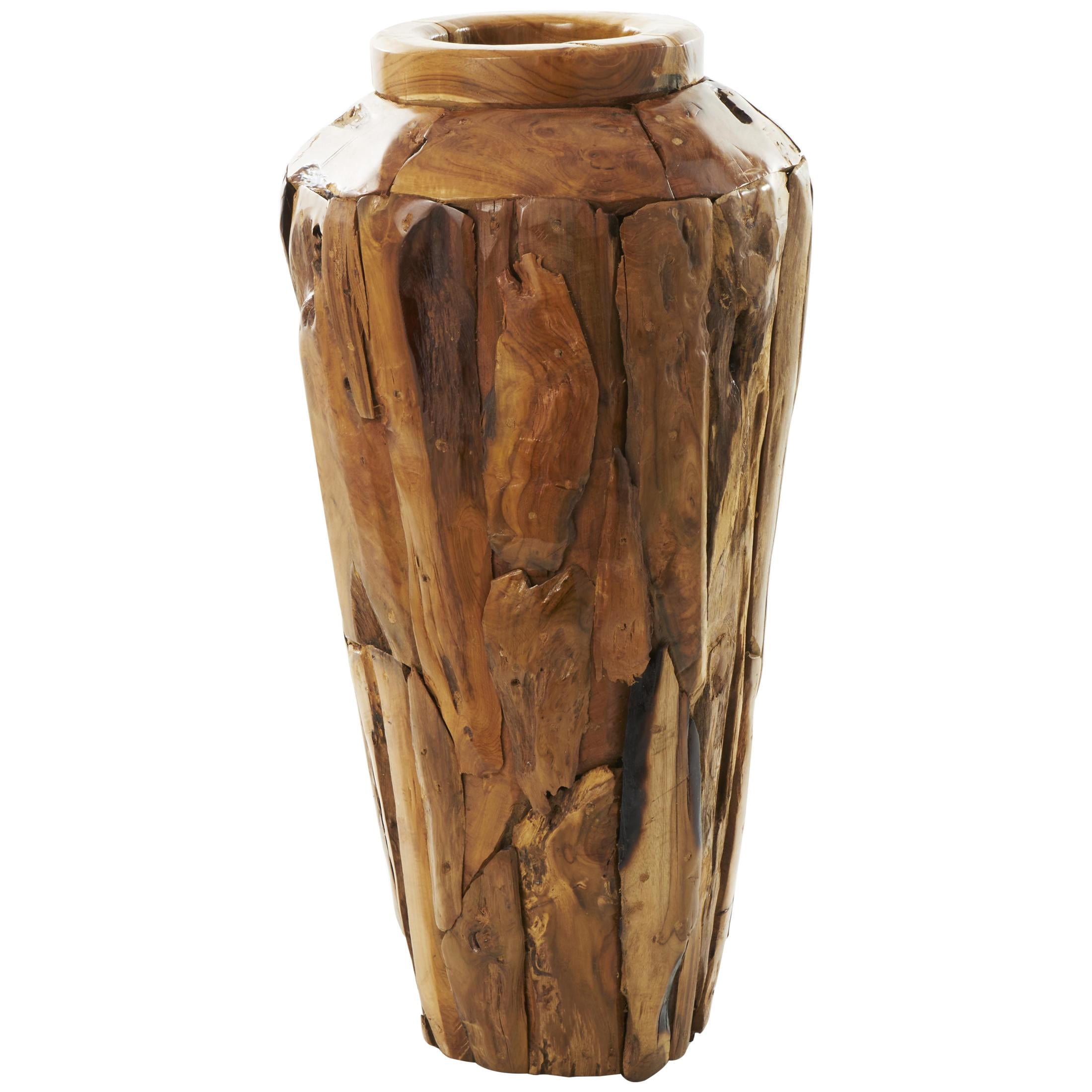 DecMode 32" Handmade Tall Floor Brown Teak Wood Vase with Mosaic Live Edge Pieces