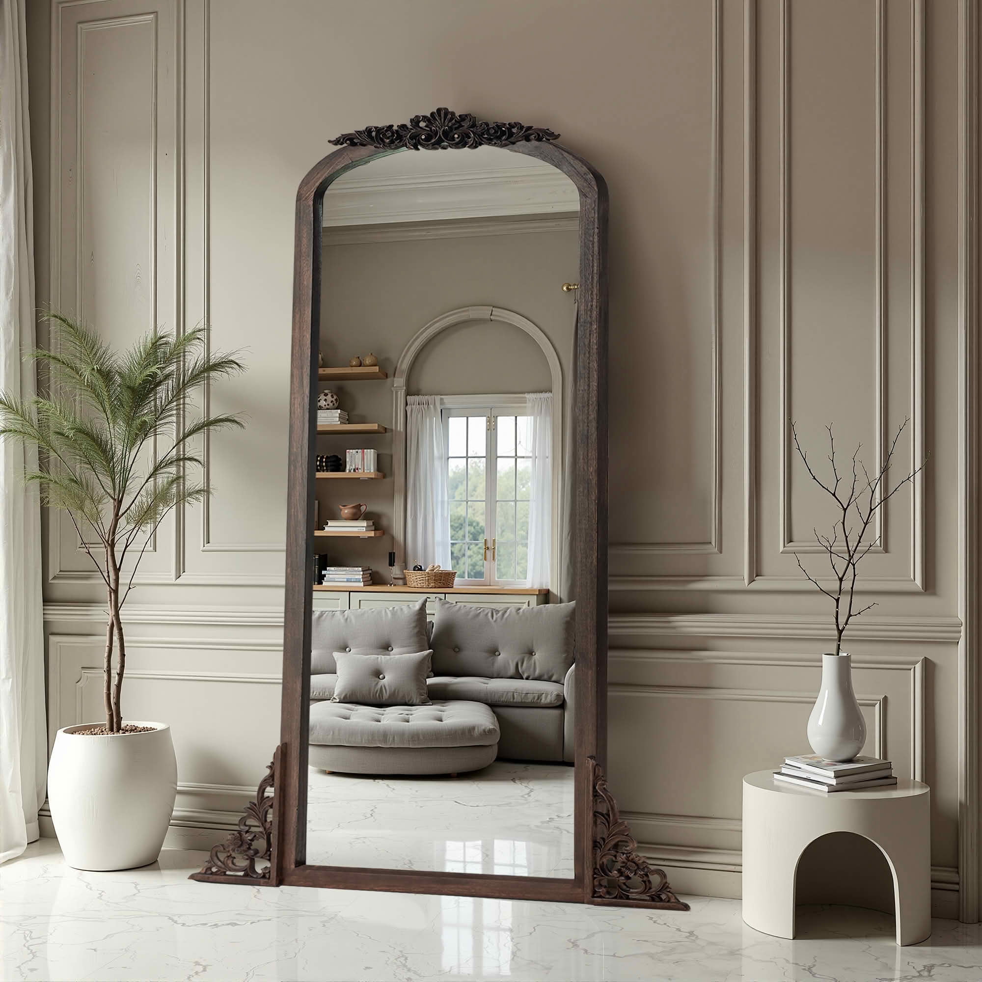 MAYEERTY 67x28x1 Inch Charcoal Carved Wood Right Angle Slightly Arched Full Length Mirror, No Stand for Bedroom