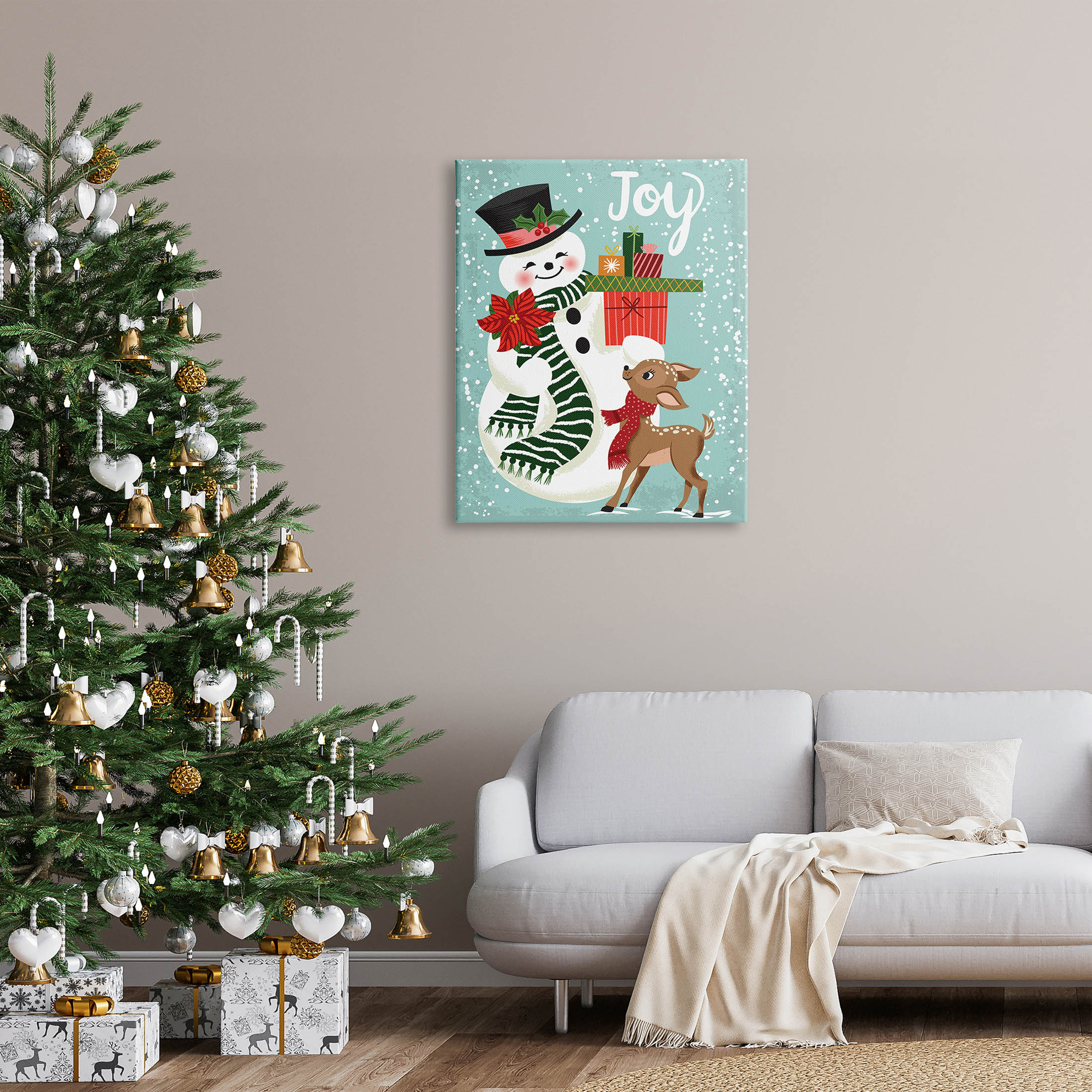 Joy Smiling Snowman Holiday Deer Holiday Graphic Art Gallery Wrapped Canvas Print Wall Art