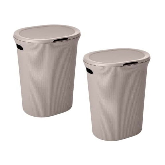 Decorative Plastic Laundry Hamper with Lid and Cut-Out Handles, Taupe (2 Pack) Basket Organzier for Bedroom Bathroom College Dorm Room - Ribbed Design 40 Liter