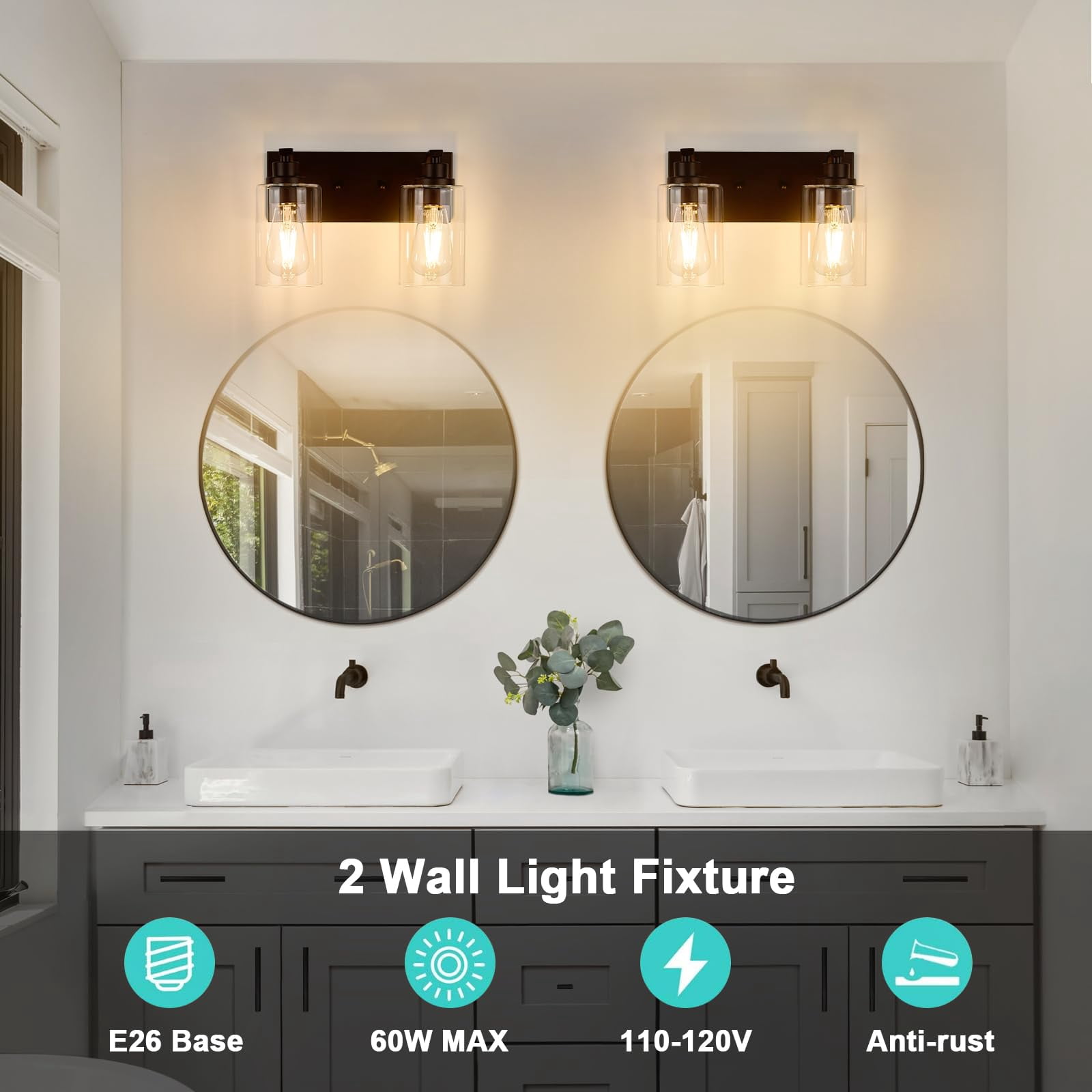2-light Bathroom Light Fixtures Modern Orb Vanity Lights For Lighting Over Mirror With Clear Glass Shade Cabinet Bedroom Hallway