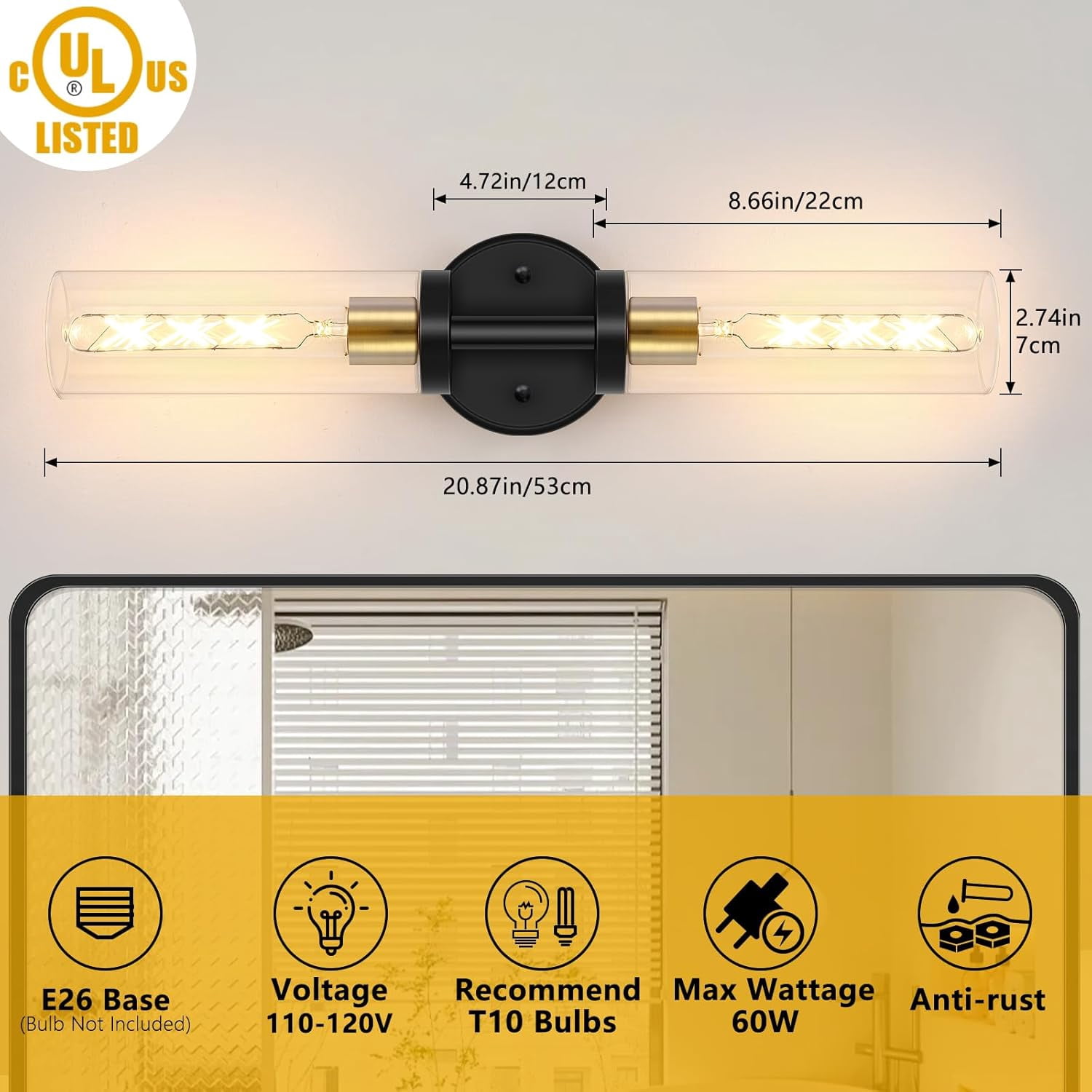 Bathroom Light Fixtures, 2-Light Black and Gold Bathroom Vanity Lighting Over Mirror, Modern Wall Sconces Set of 2 with Clear Glass, Indoor Hardwired Wall Lamp for Bedroom, Living Room, Hallway