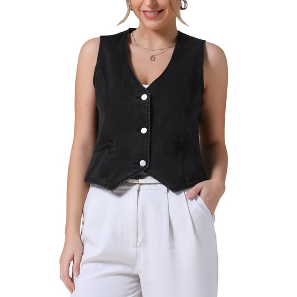 CHAQUETA DE JEAN SIN MANGAS PARA MUJER INSPIRE CHIC, CUELLO EN V, CON BOTONES, VESTIDO CORTO DE MEZCLILLA M NEGRO