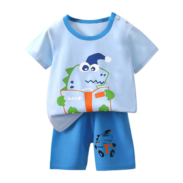 felwors T-Shirt Décontracté à Col Rond à Manches Courtes et Ensemble Short Tenue de Plage d'Été 6M-6T, 2-3 Ans, Bleu Pâle