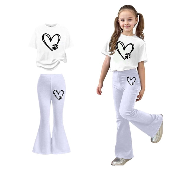 2 Piece Outfits Sets Girls Short Sleeve Heart T-Shirt Top and Flared Pants Set Girl Spring Clothes Cute Clothes 11-12 Years