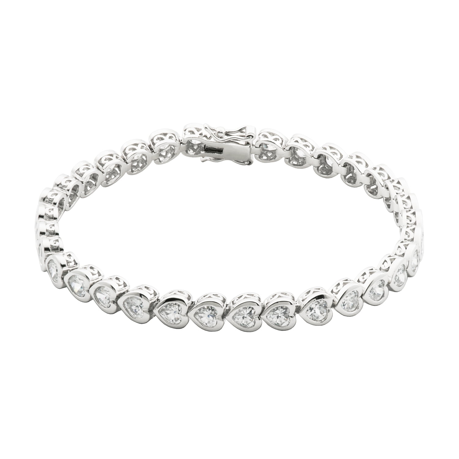 Sterling Silver Platinum Plated 4mm CZ Heart 7.25" 'Tennis Bracelet.with box Clasp