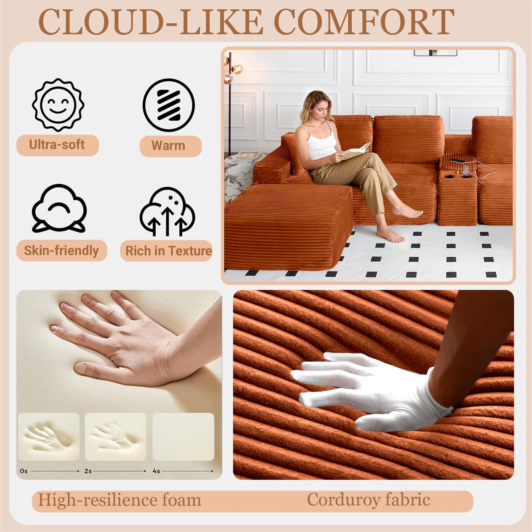 Aukfa 127" U Shaped Cloud Sectional Sofa Modular Boneless Couch with USB&Cupholdes Storage Console for Living Room, Corduroy, Orange