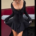 thumbnail image 4 of Vestido Mini Ajustado de Larga con Escote en V y Hombros Descubiertos con Volantes en para Mujer Negro L, 4 of 10