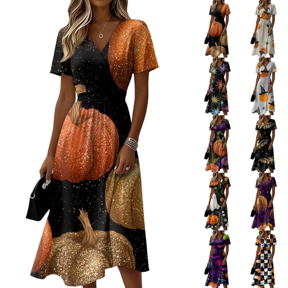 Halloween Dresses for Women Ghost Short Sleeve Witch Hat Cute Wedding Guest Dress Spider V Neck Casual Wrap Dresses S