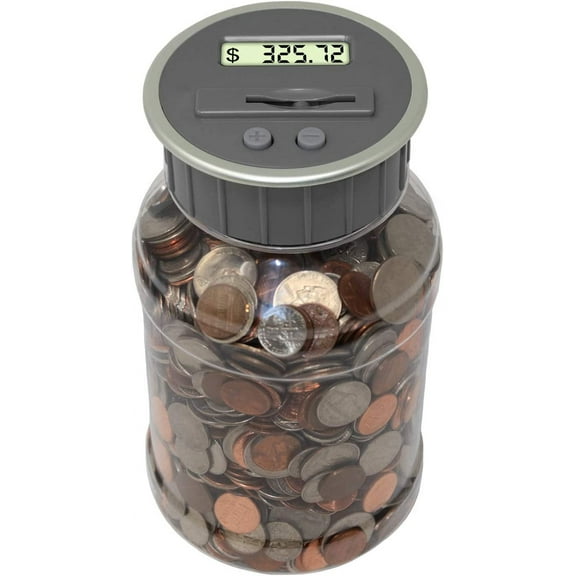 Digital Coin Bank, Savings Jar, and Piggy Bank | Automatic Coin Counter Totals All U.S. Coins Including Dollars and Half Dollars - Original Style, Clear Jar w/Grey Lid