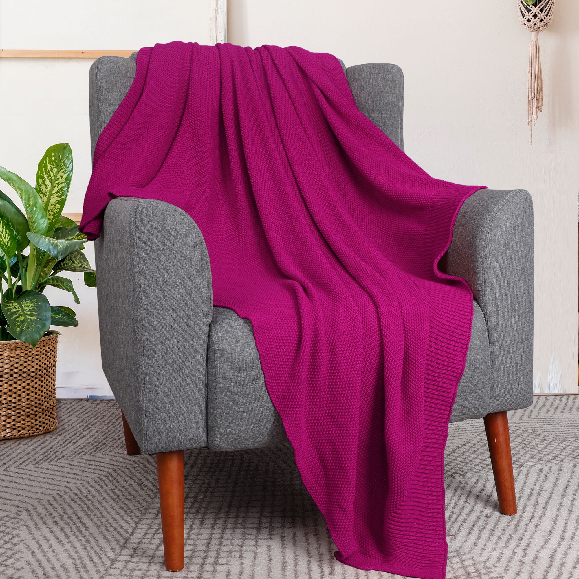 PiccoCasa 100% Cotton Soft Knitted Throw Solid Blanket for Couch Sofa  Bedroom, Fuchsia 50\