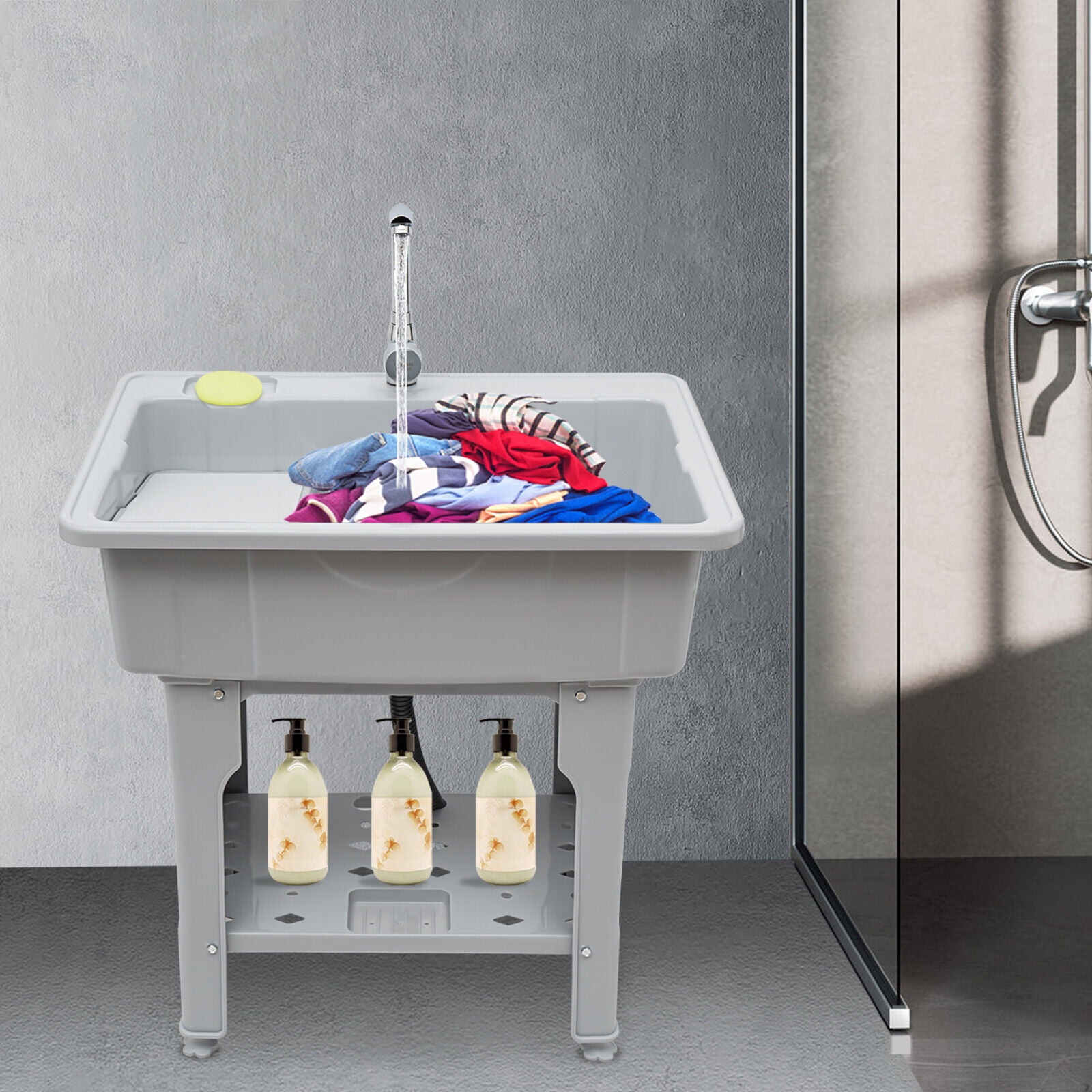 Spacious Gray Utility Sink Laundry Tub, Freestanding Sink Wash Station with Faucet for Household