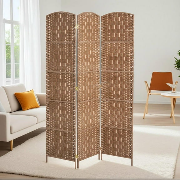 Resenkos 6' Tall Wicker Weave 3-Panel Room Divider, Natural Wood