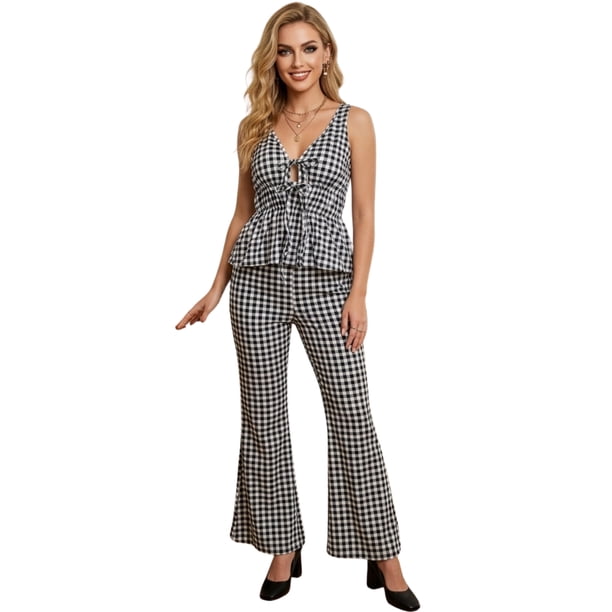 Conjunto para Mujer 2 Piezas Blusa Peplum con Escote y Pantalón Acampanado Set Casual Estampado Cuadros