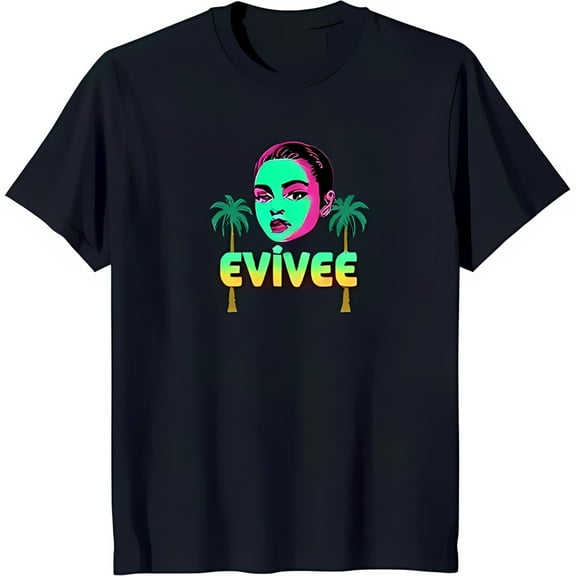 Black T-Shirt with Serene Woman Graphic Trees & 'Evive' Design