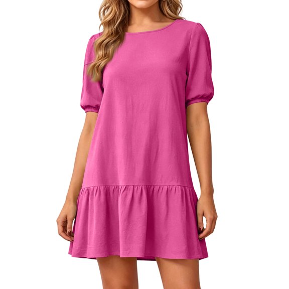 Women's Summer Puff Sleeve Mini Dress, Casual Crewneck Ruffle Hem Babydoll Dress, Loose Fit Tiered Shift Sundress