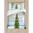 thumbnail image 3 of Christmas Duvet Cover Set Queen Size, Tree with Tinsel and Ornaments Tropical Island Sandy Beach Party Theme, Decorative 3 Piece Bedding Set with 2 Pillow Shams, Green Blue Cream, by Ambesonne, 3 of 3