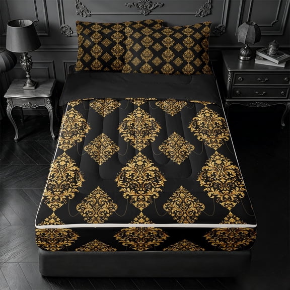meiyoeat vintage Damask Floral Zipper Twin Comforter Sets with Fitted Sheet and 2 Pillowcases,Baroque Flowers Pattern Zipper Bedding Set,Black Reversible,4 Pieces