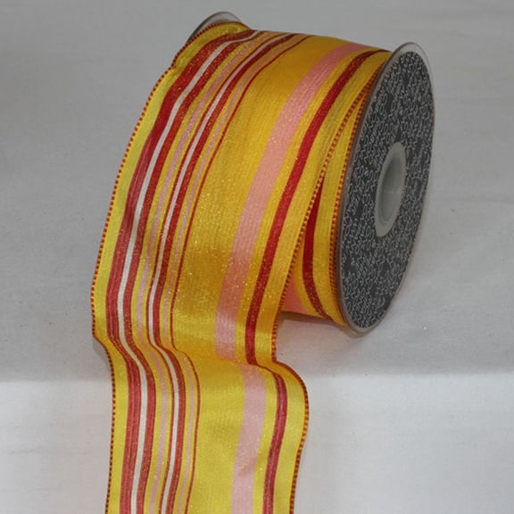 The Ribbon People Yellow and Red Striped Sheer Wired Craft Ribbon 2.5" x 27 Yards