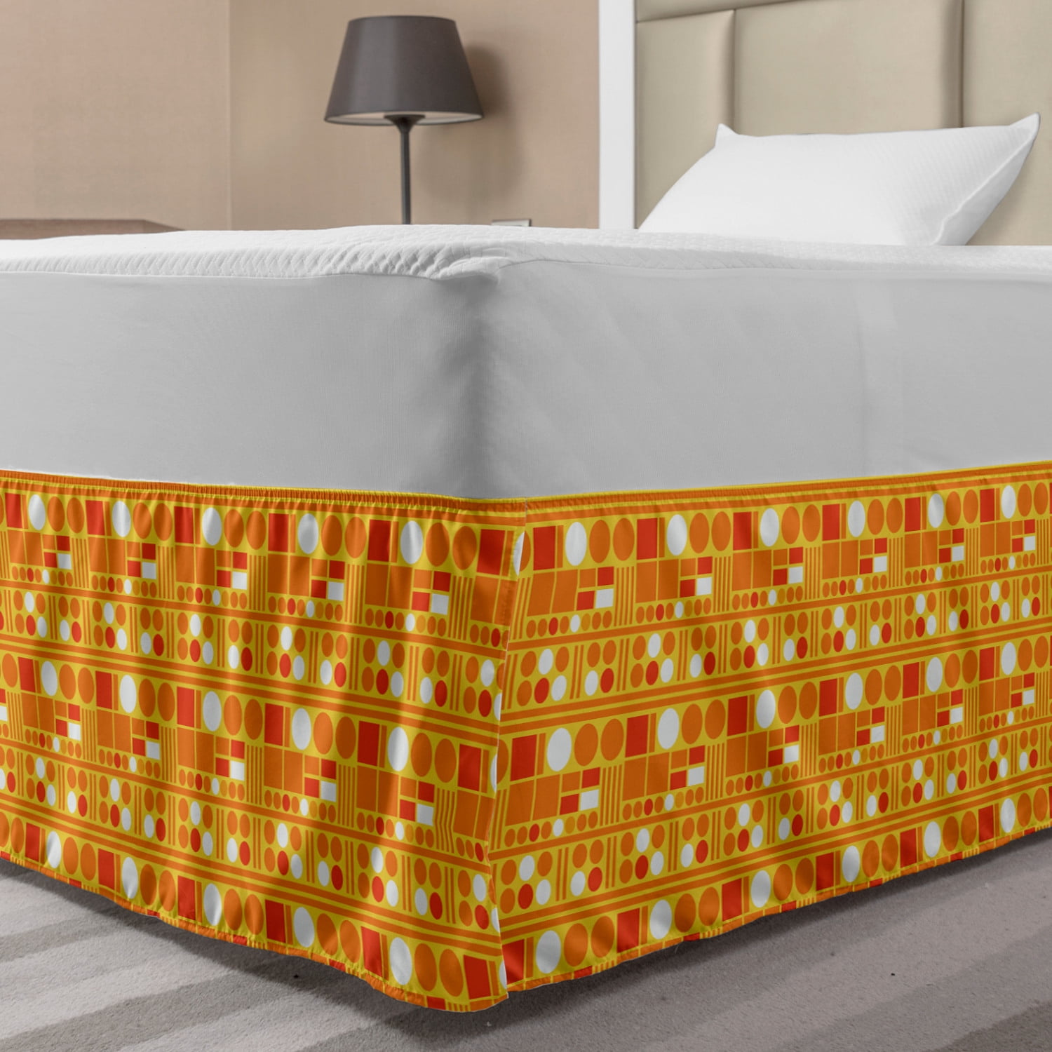 Orange Bed Skirt, Continuous Monochrome Style Circles Bands Squares and