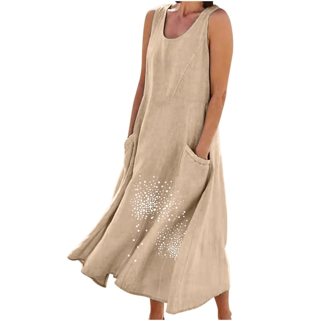 Staron Robes Kaki pour Femmes Été Liquidation à Moins de 10 $ Robe d'Été Sans Manches Coton Lin Longue Robe Grande Taille Décontractée Fluide Décontractée Printemps Uni Col Rond Robes avec Poches TG
