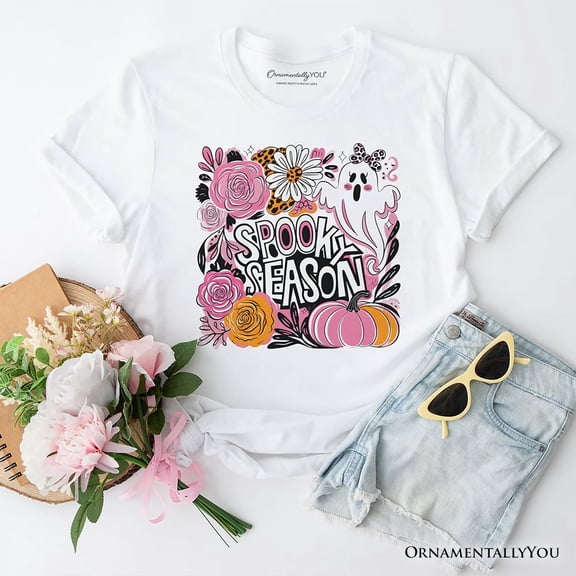Boho Spooky Season Ghost T-Shirt, Cute Halloween Tee with Fall Pumpkins