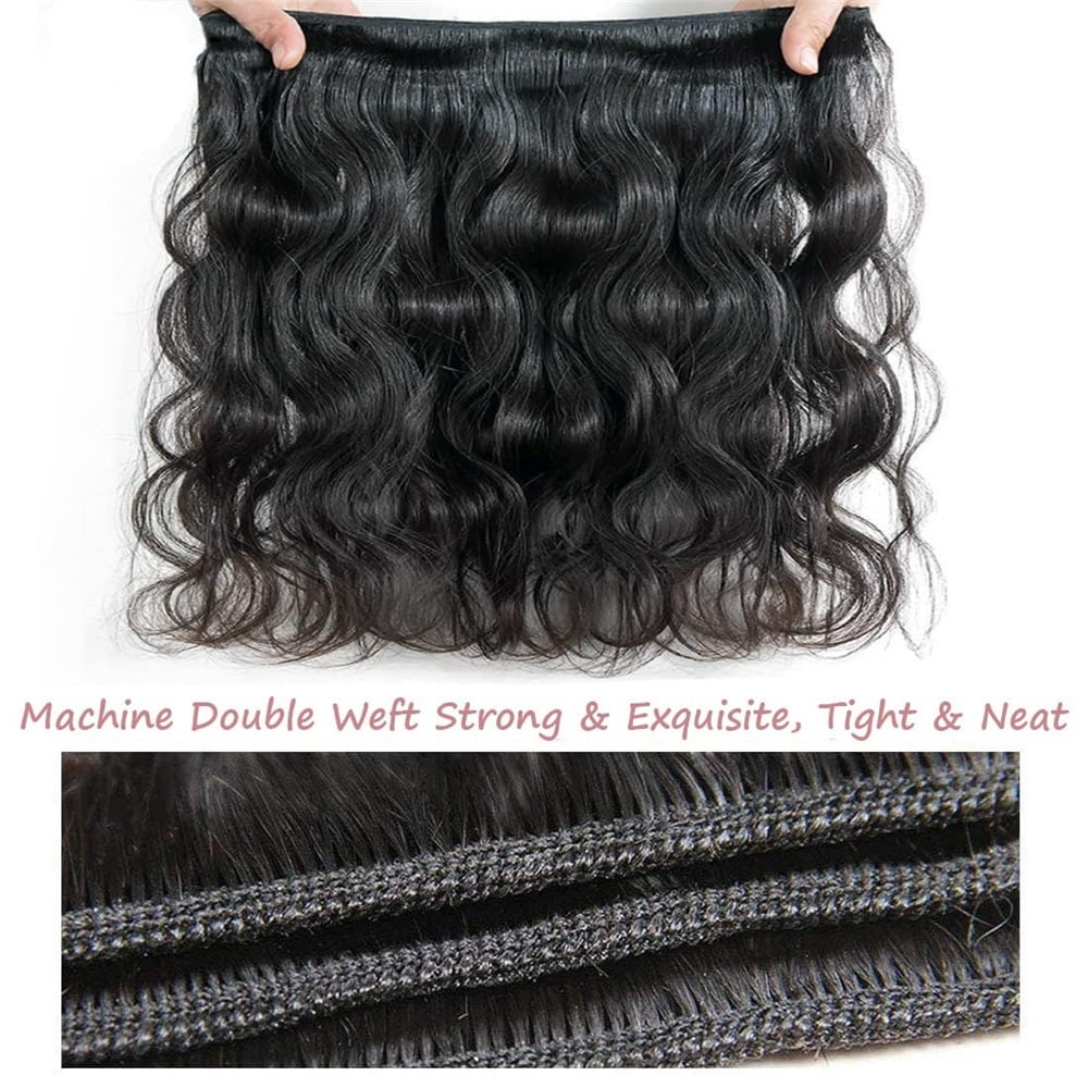 Body Wave 3/4 Bundles with Frontal, Natural Black Brazilian Human Hair Weave Bundles with 13x4 HD Lace Frontal Remy Hair Extensions