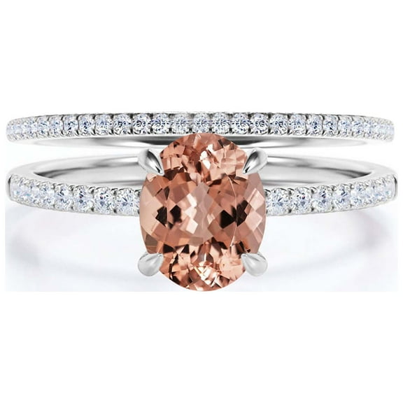 Sirprisingly Gift Minimalist 2.00 Carat Oval Morganite And Diamond Moissanite Engagement Ring, Wedding Ring, One Matching Band in 925 Sterling Silver With 18k White Gold Plating, Gift For Her