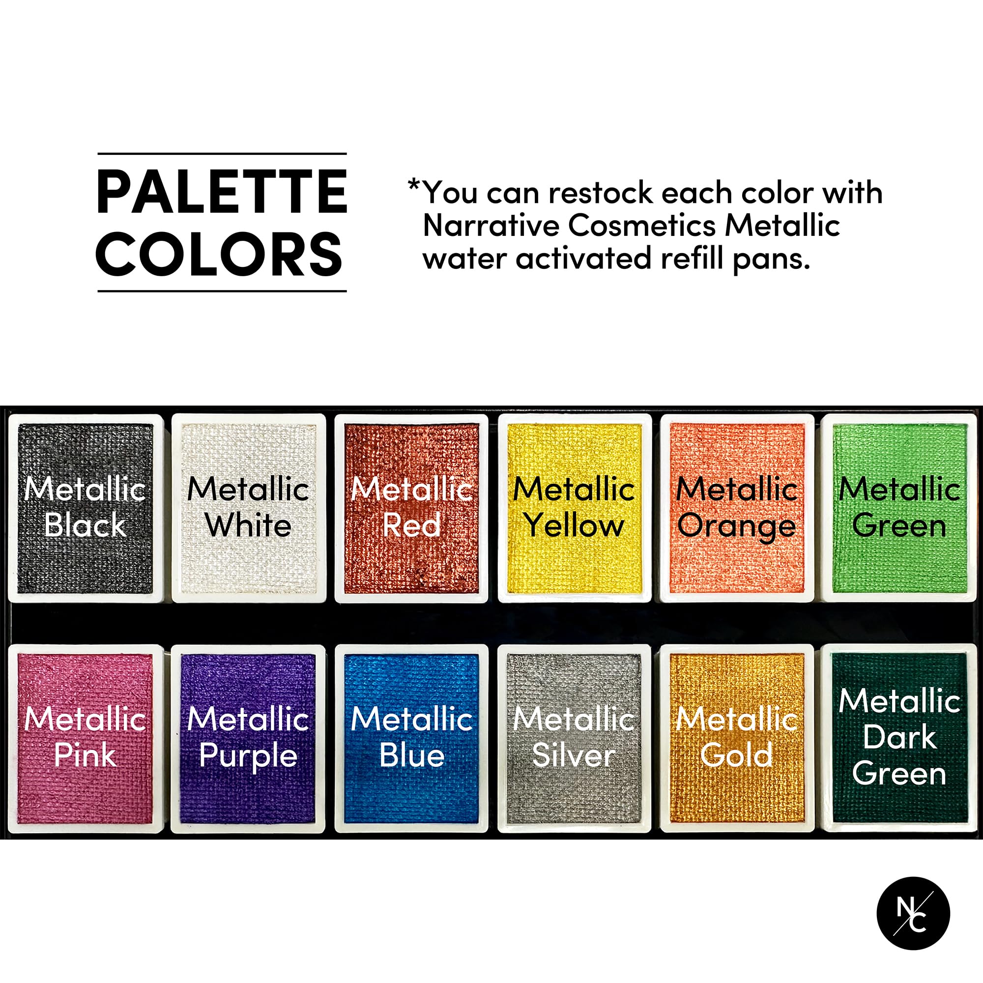 Narrative Cosmetics Metallic 12-Color Palette - Luxurious Water-Activated Makeup for Face & Body - Shimmering Shades for SFX, Cosplay, Theater, Film & TV Makeup Artists