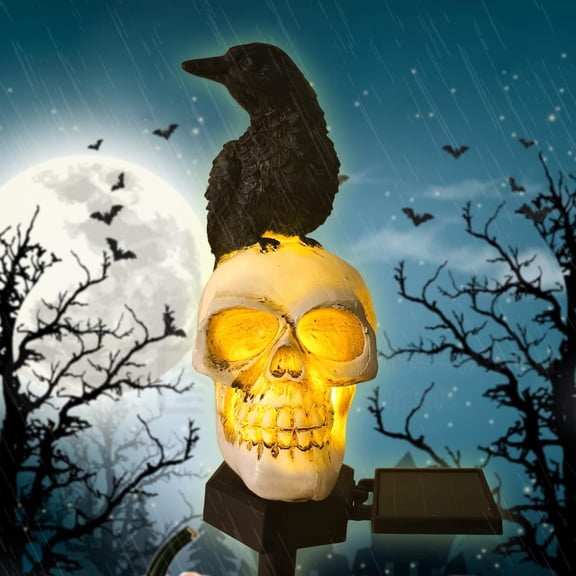 Garden Halloween Outdoor Decoration Solar Lights, Waterproof Ghost Lights, Skull Solar Garden Lights with Black Crow on Skull, Skeleton Stakes with LED Lights, Stunning Halloween Decorations