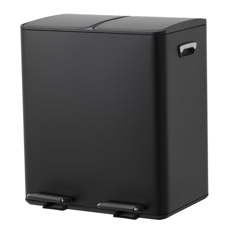 Dual Compartment Stainless Steel Kitchen Trash Can 40L (2 x 5.3 Gallon) - Soft-Close Lid - Removable Inner Buckets - Odor Control & Fingerprint Resistant - Recycling Bin for Home or Office, Black
