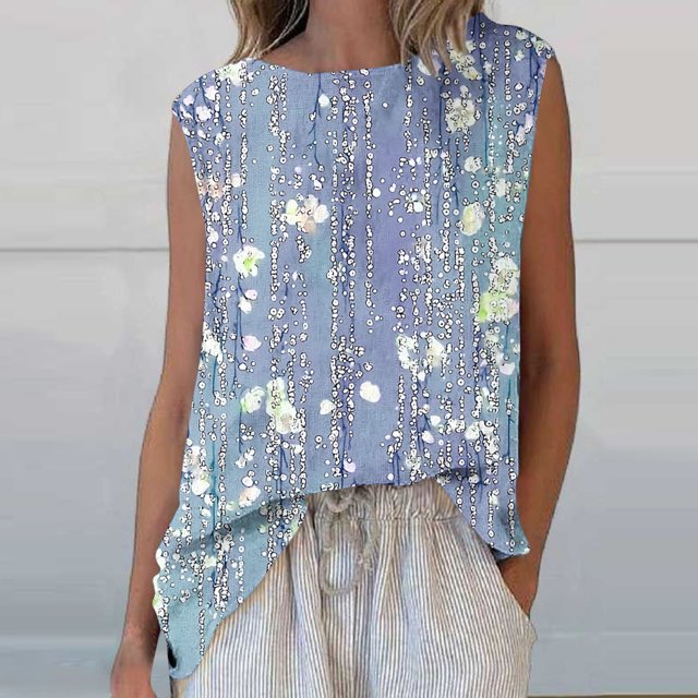 Hauts pour Femmes Décontractés Élégants Ndbuld Mode Féminine Décontractée Imprimée Col Rond Sans Manches T-shirt Débardeur en Solde, Bleu, TTG