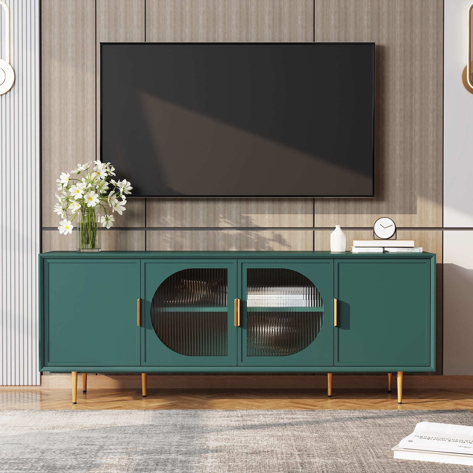 CBJCBJ 66" TV up to 75" Stand for Living Room, Entertainment Center with Glass Storage Cabinet,Green