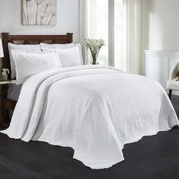 BNM 3 Piece Floral Cotton Blend White Bedspread Set, Full