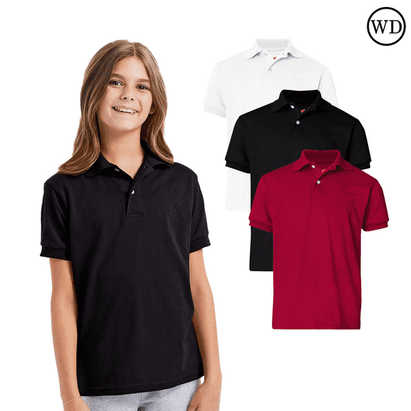 Hanes Youth Ecosmart Jersey Polo Shirt, Youth Polo, Ribbed Cuffs & Welt Collar, Mix Color, Pack 3, S
