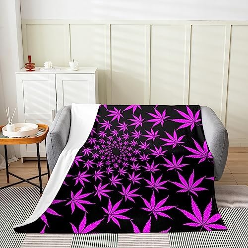 HTBUSC Green Blue Cannabis Leaves Fleece Blanket Marijuana Leaf Plush