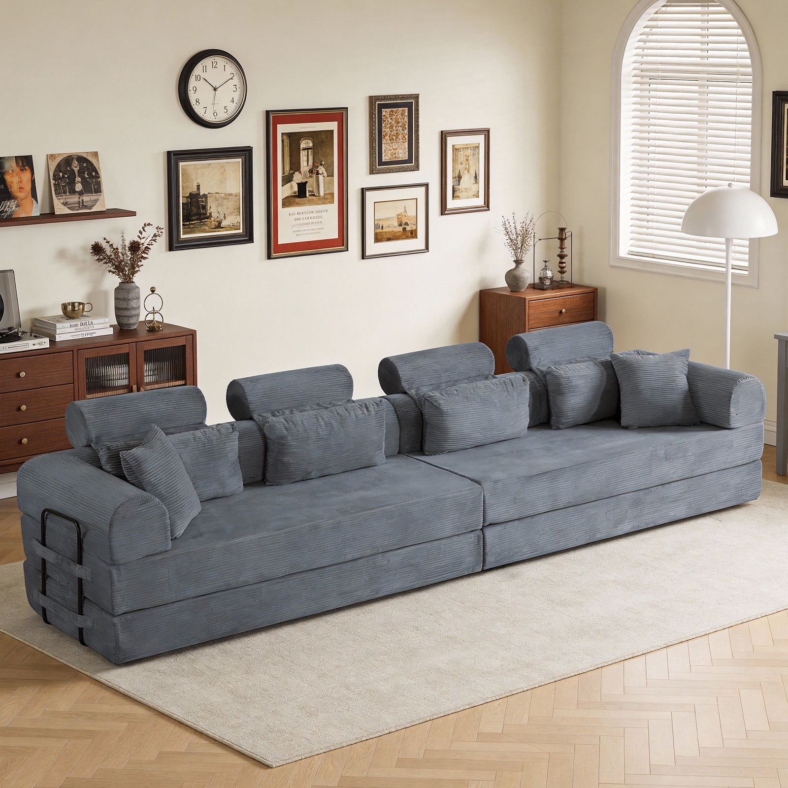 L-Shaped Sectional Sofa Converts to Bed, Corduroy Chaise Lounge with 28D High-Density Foam, No Assembly Compressed Couch for Apartments and Studios, Dark Gray