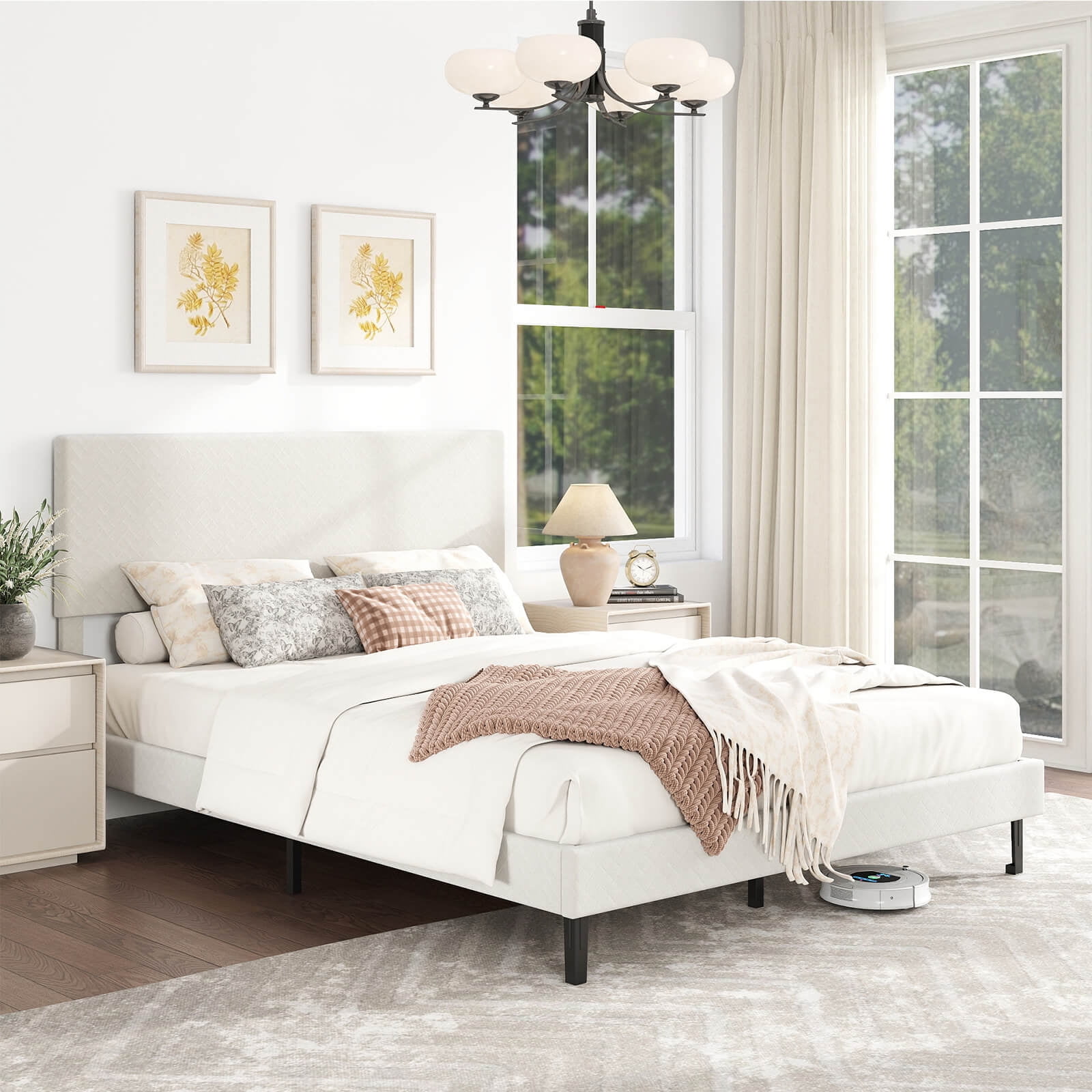 Costway Queen Size Velvet Bed Frame with Height Adjustable Chevron Headboard,Noise Free Beige