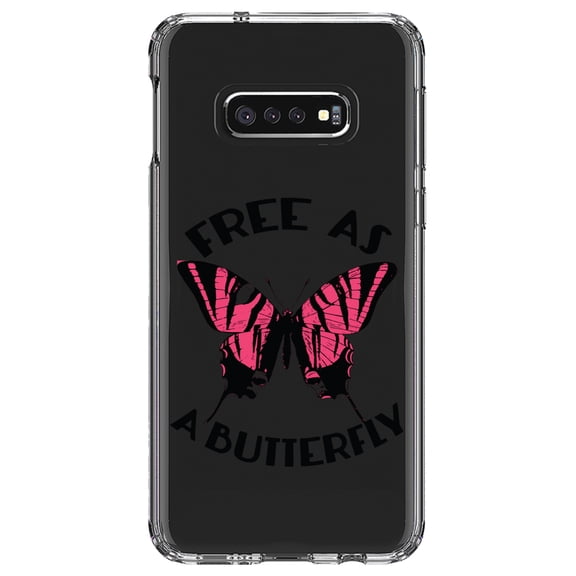 DistinctInk Clear Shockproof Hybrid Case for Samsung Galaxy S10e (5.8" Screen) - TPU Bumper Acrylic Back Tempered Glass Screen Protector - Free as a Butterfly - Pink
