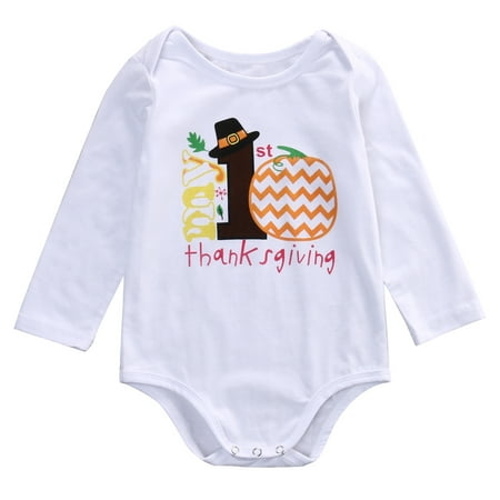 

Newborn Baby Girls Boys Long Sleeve Thanksgiving Outfits Clothes Letter and Pumpkin Print Romper
