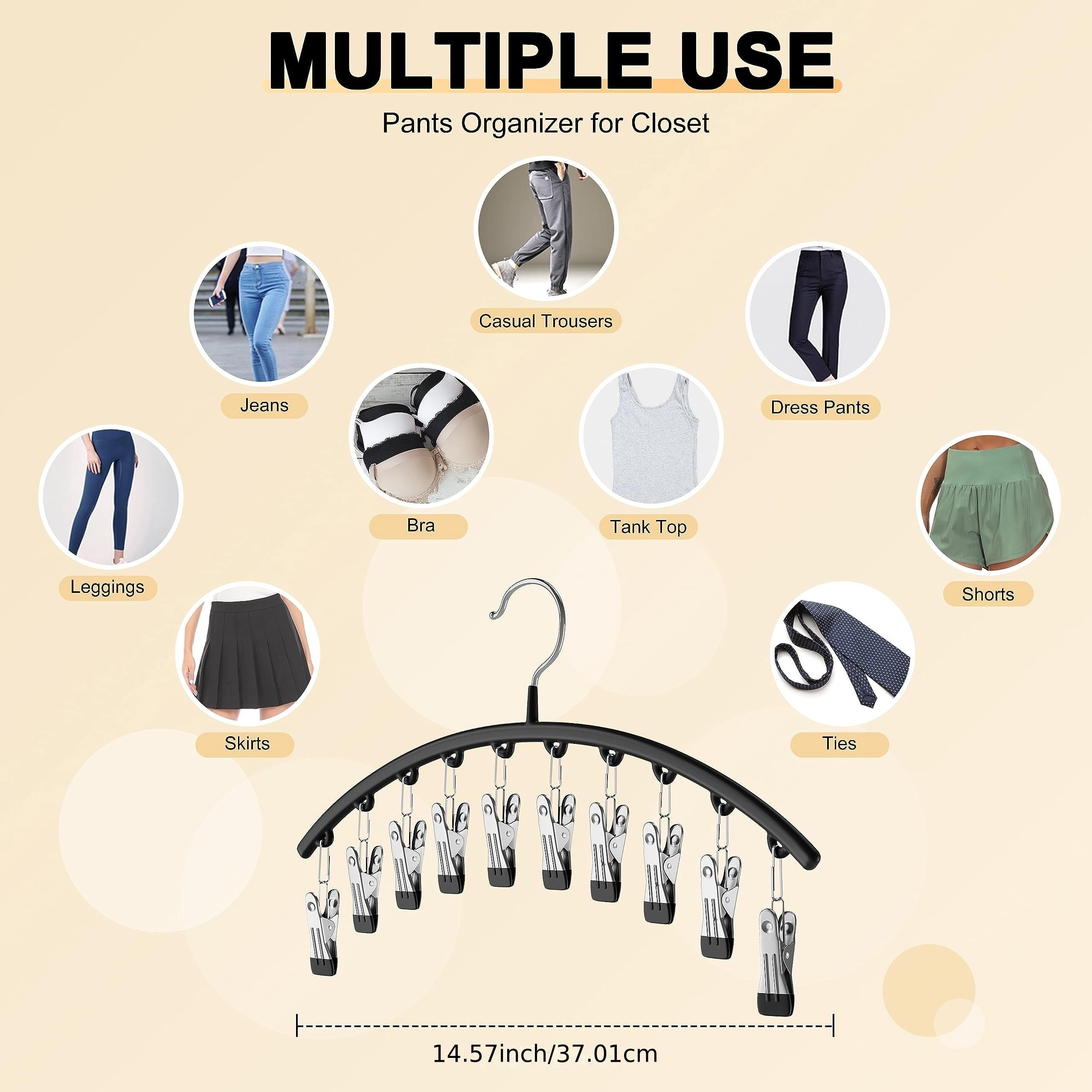 Legging Organizer for Closet, Metal Yoga Pants Hangers 1 Pack w/10 Clips Holds 10 Leggings, Space Saving Hanging w/Rubber Coated Closet Organizers and Storage, Green