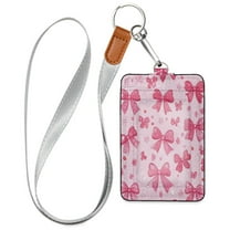 PU Leather ID Badge Holder Stylish Badge Holders with Lanyard (4.3x2.8x0.3in) for Cards & Credentials Pink Cute Bows