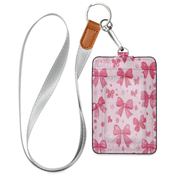 PU Leather ID Badge Holder Stylish Badge Holders with Lanyard (4.3x2.8x0.3in) for Cards & Credentials Pink Cute Bows