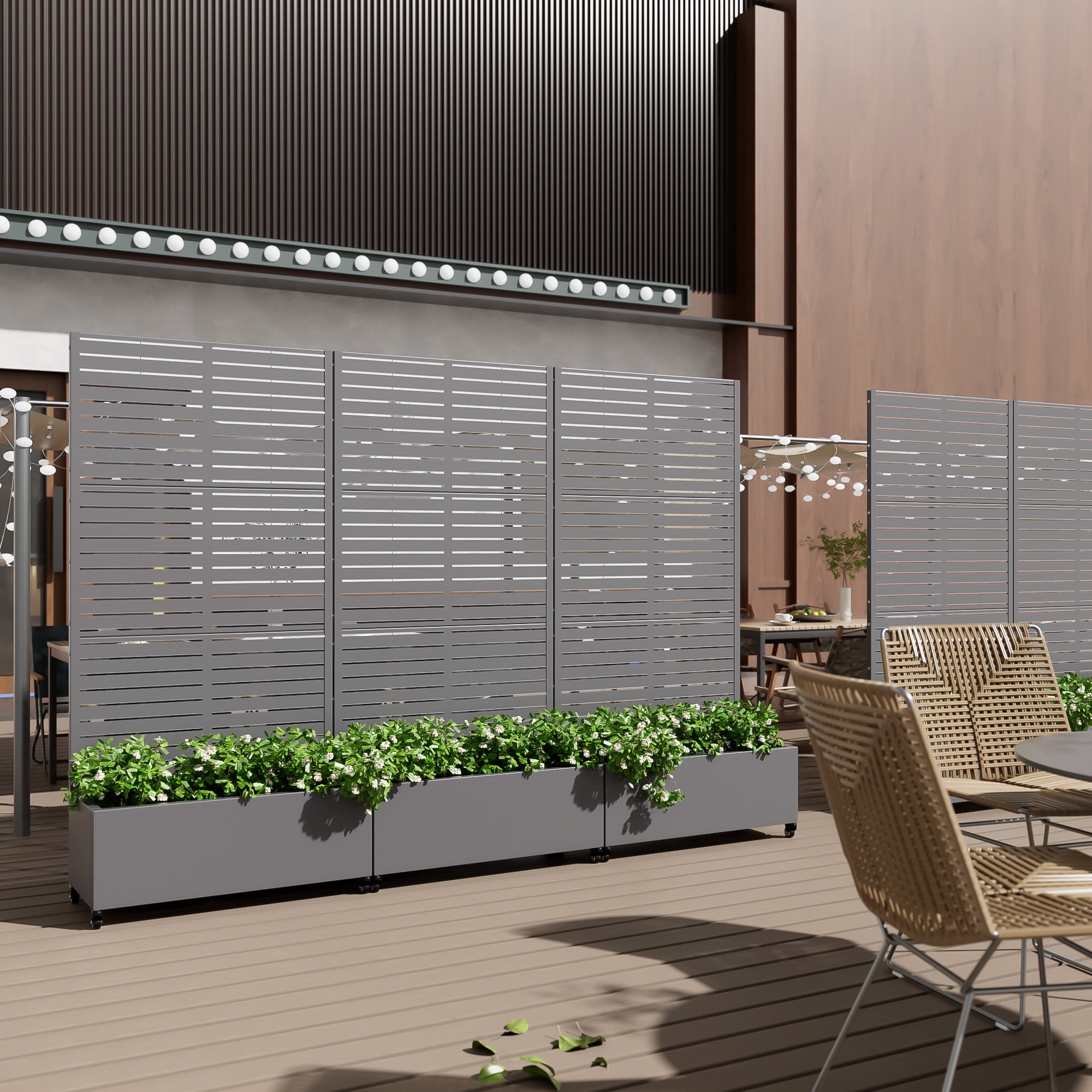 MAYEERTY 35*16*71"Outdoor Gray Metal Planter with Rect Louvered Climbing Trellis, Drainage hole & Wheels