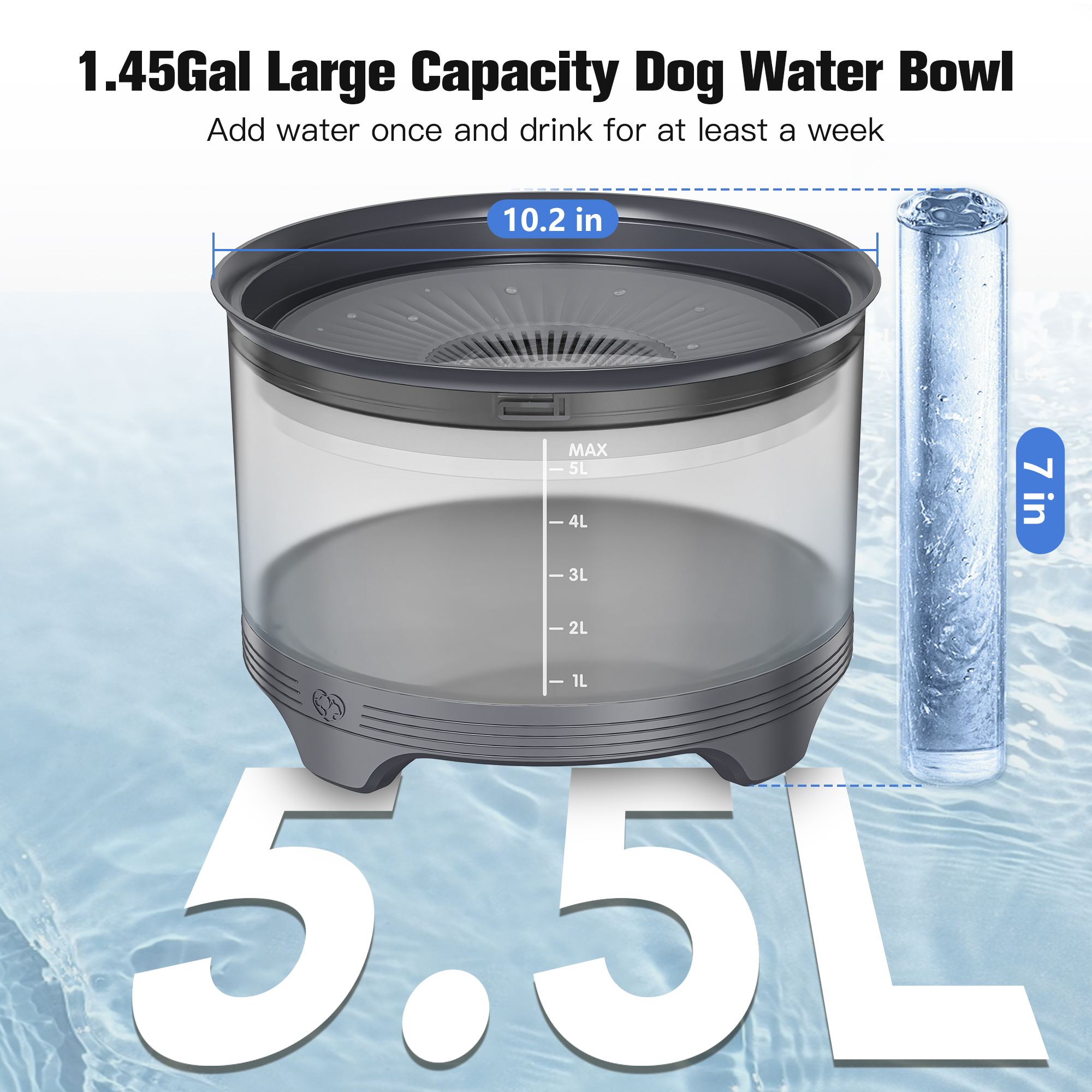 5.5L Dog Water Bowl,186oz Large Capacity No Spill Water Bowl for Dogs, Splash Proof Slow Water Feeder with Heightened Base, Anti-Slip Slow Drinking Pet Water Bowl for Messy Drinkers