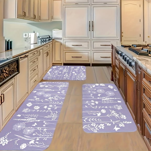 Lavender Purple  Pattern Kitchen Rug Set, 3-Piece Non-Slip Flannel Mat, Soft Easy Clean Bathroom Bedroom Laundry Carpet
