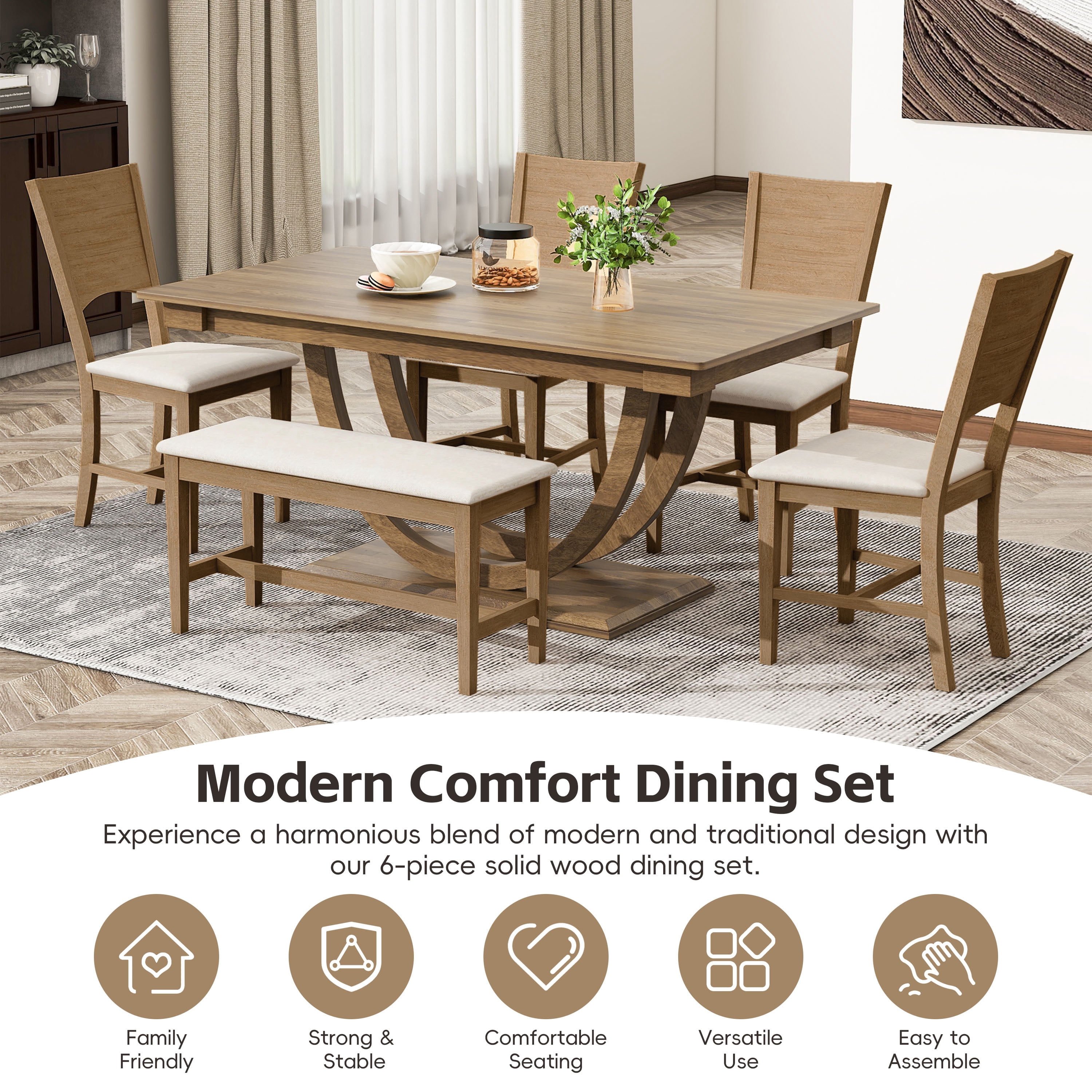 6-Piece Dining Table Set for 6, 59.1" Dining Table with Bench and 4 Dining Chairs