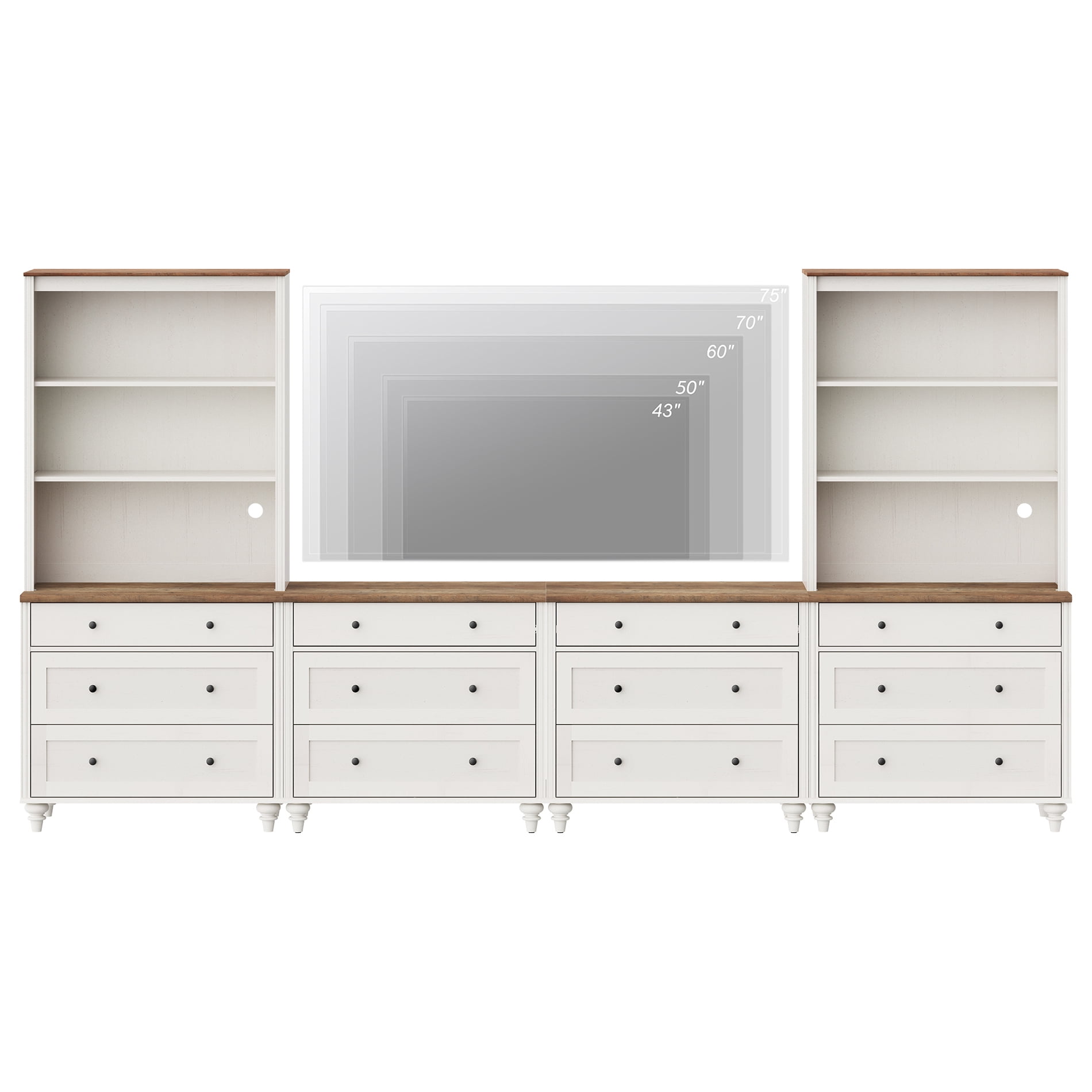 Entertainment Center with Bookshelves for TVs up to 75", Farmhouse Wall Unit TV Stand with Drawers, Media Console Table for Living Room, Bedroom & Home Theater, White